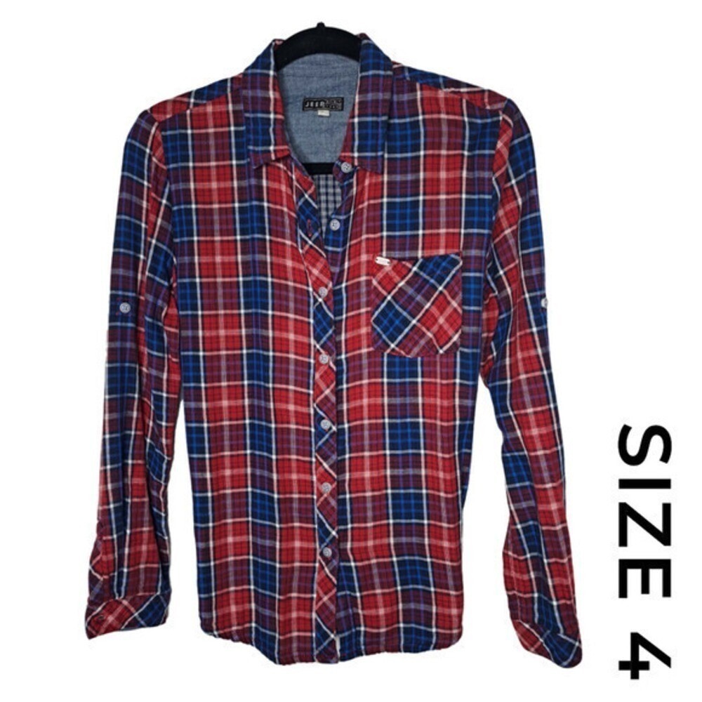 Jeep Spirit Plaid Flannel Button Down Shirt Womens S Red Blue Roll Tab Sleeve - Picture 11 of 13